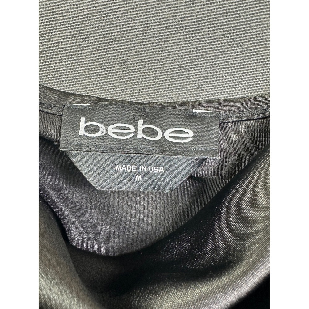 BeBe Black Satin Cowl Neck Midi Slip Dress Spaghetti Strap Minimalist LBD Size M - Picture 7 of 10